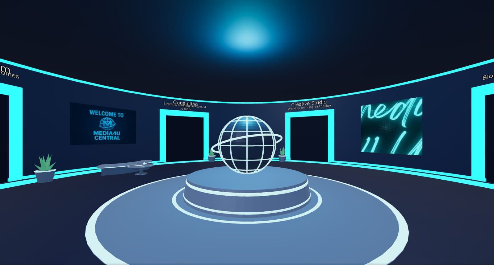 The Media4U studio lobby: a glowing globe on a plinth, doorways to five rooms, and a reception desk